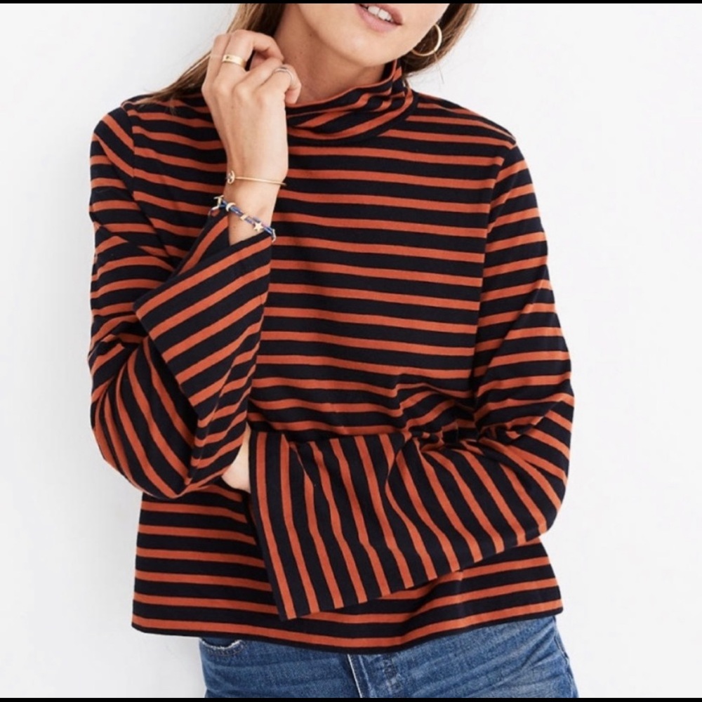 Madewell navy-orange striped mock neck top